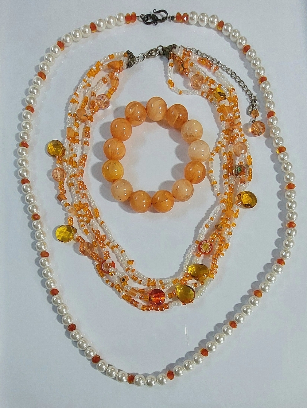 90s Vintage Necklace Bracelet Set - Orange Glass Pearl Beads
